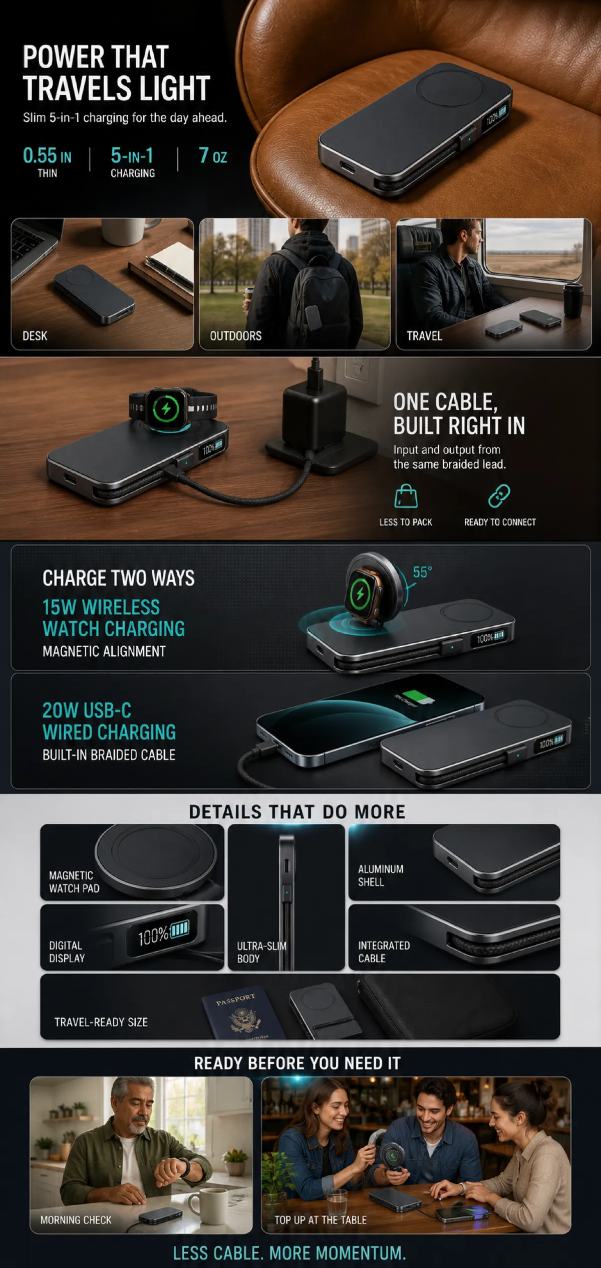 Slim 5-in-1 Portable Charger with Built-in Cable｜AI Image Generation Prompts