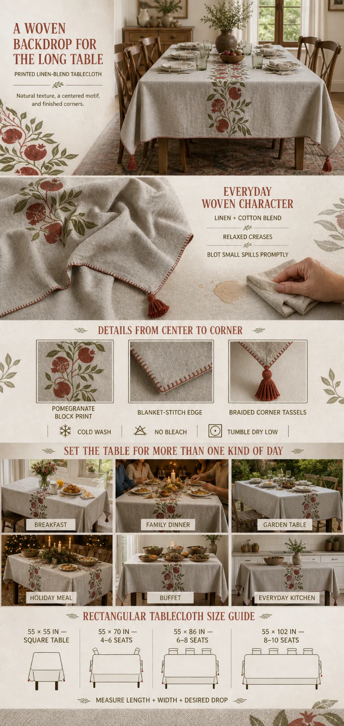 Pomegranate Block Print Linen Blend Tablecloth Guide｜AI Image Generation Prompts
