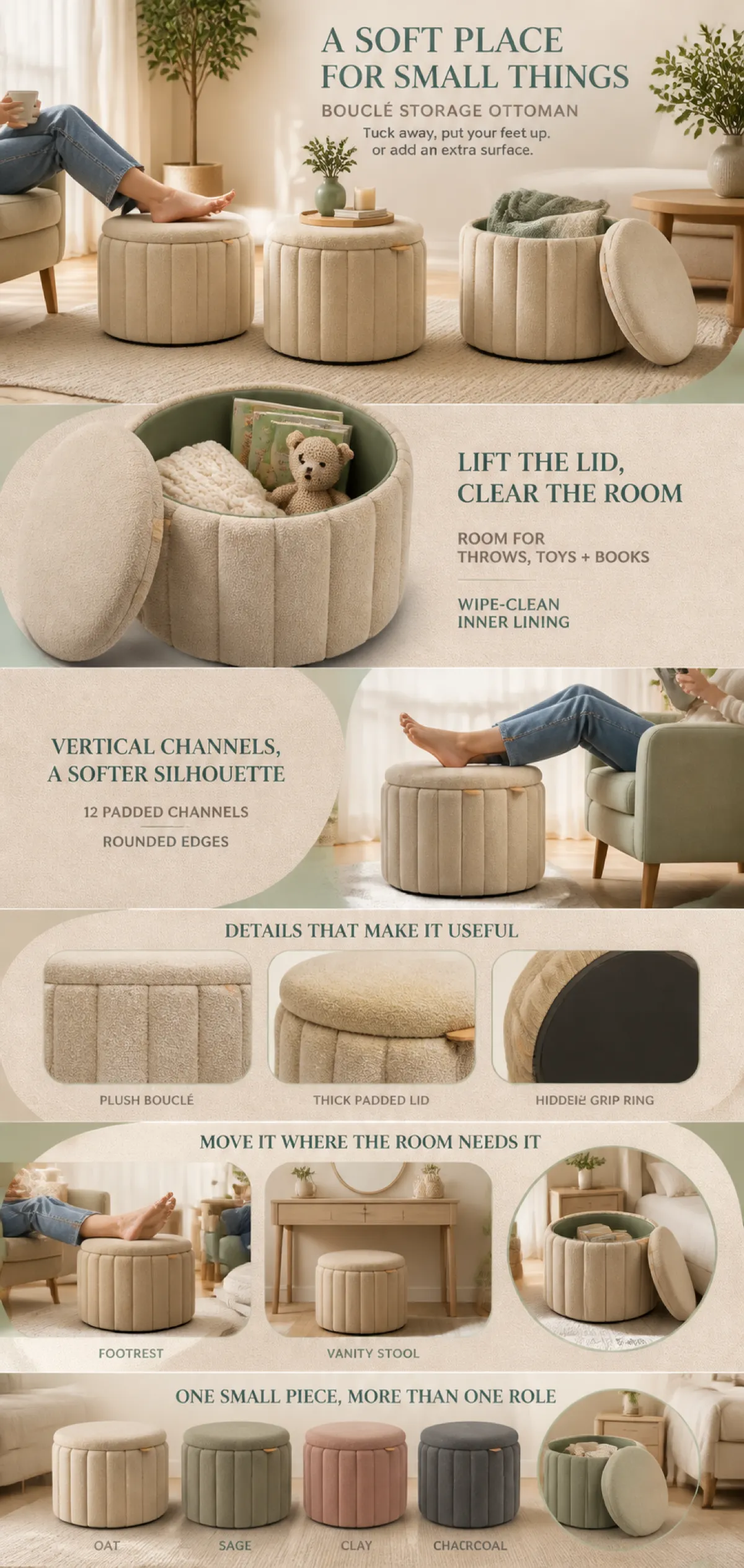 Bouclé Storage Ottoman with Padded Lid｜AI Image Generation Prompts