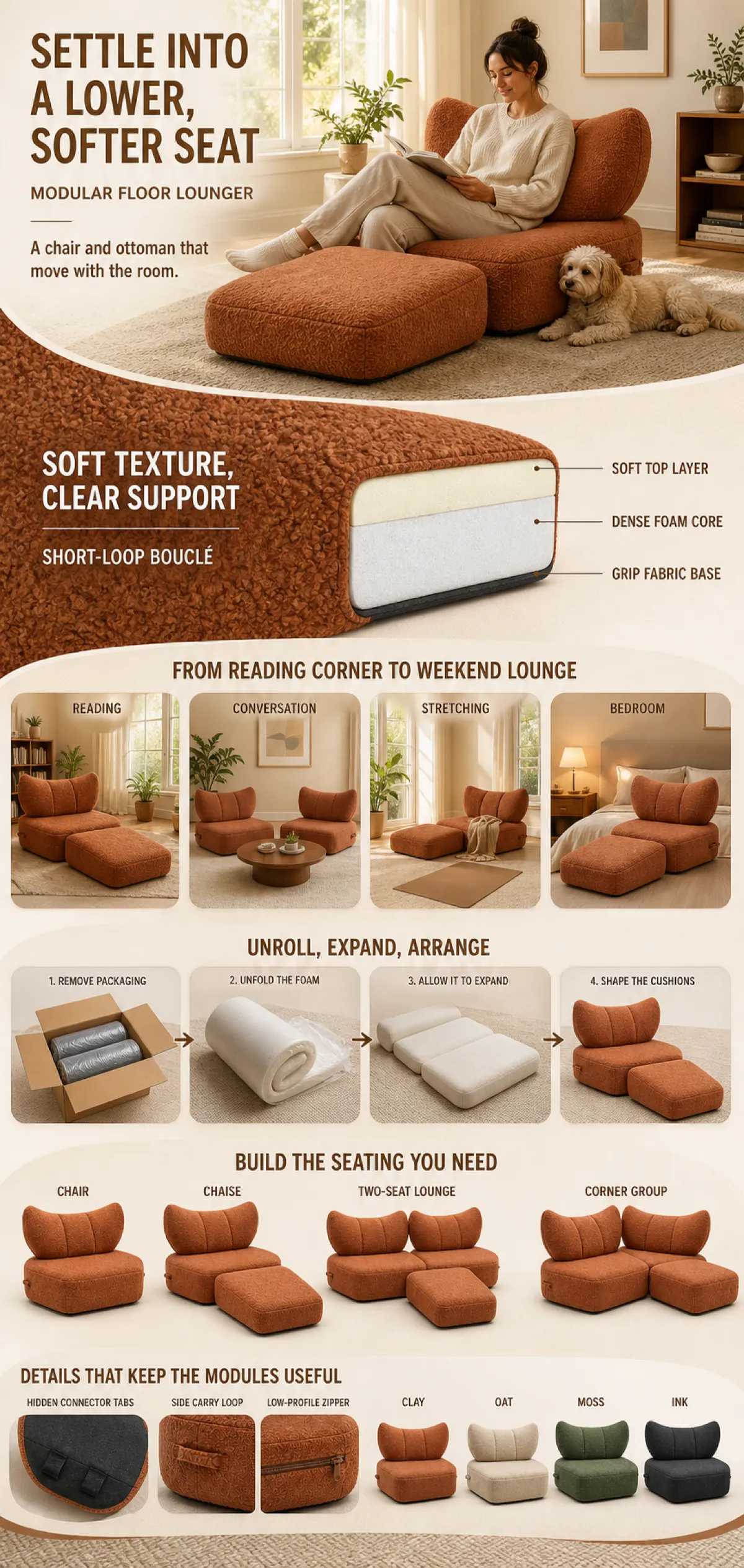 Modular Floor Lounger with Soft Boucle Texture｜AI Image Generation Prompts