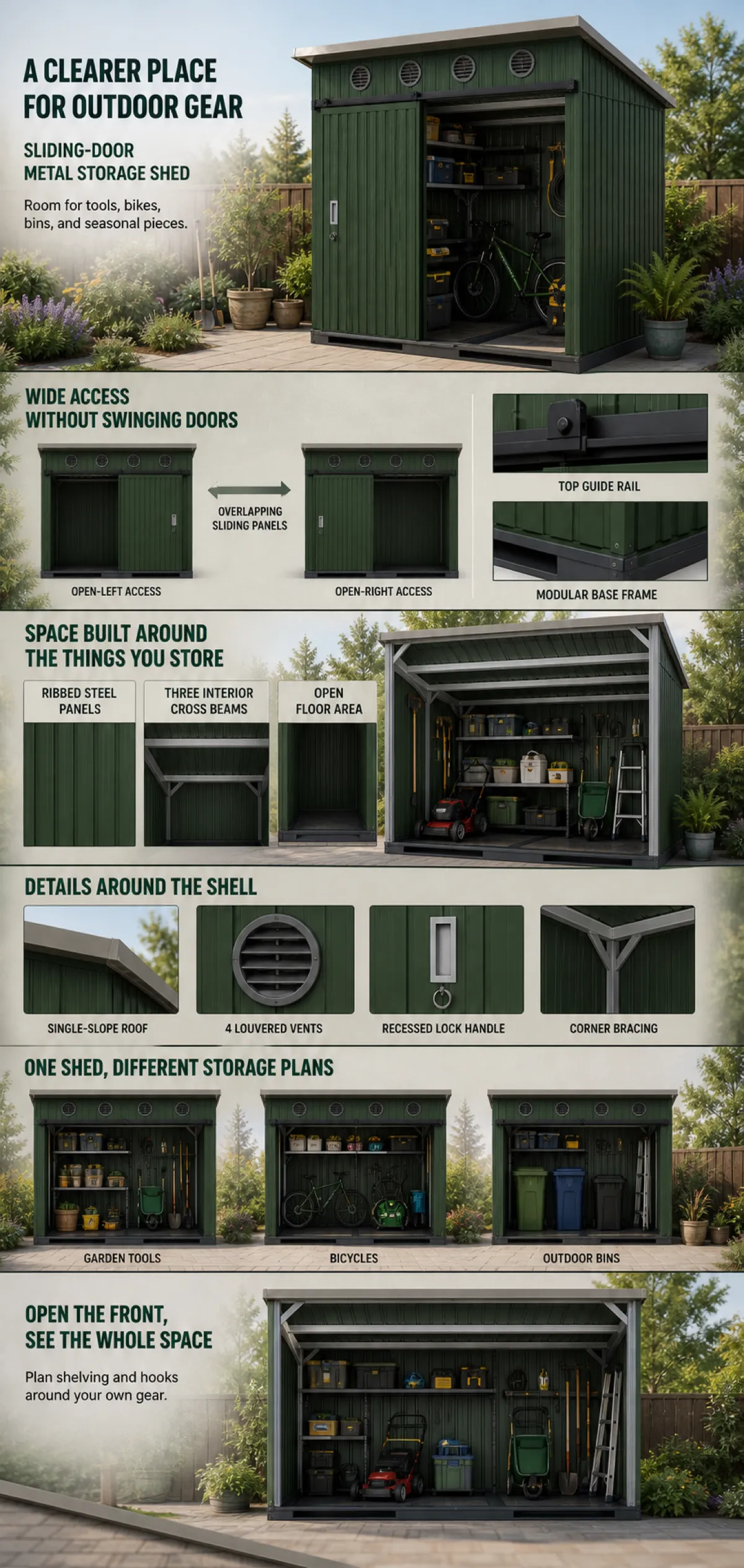Sliding Door Metal Storage Shed for Outdoor Gear｜AI Image Generation Prompts
