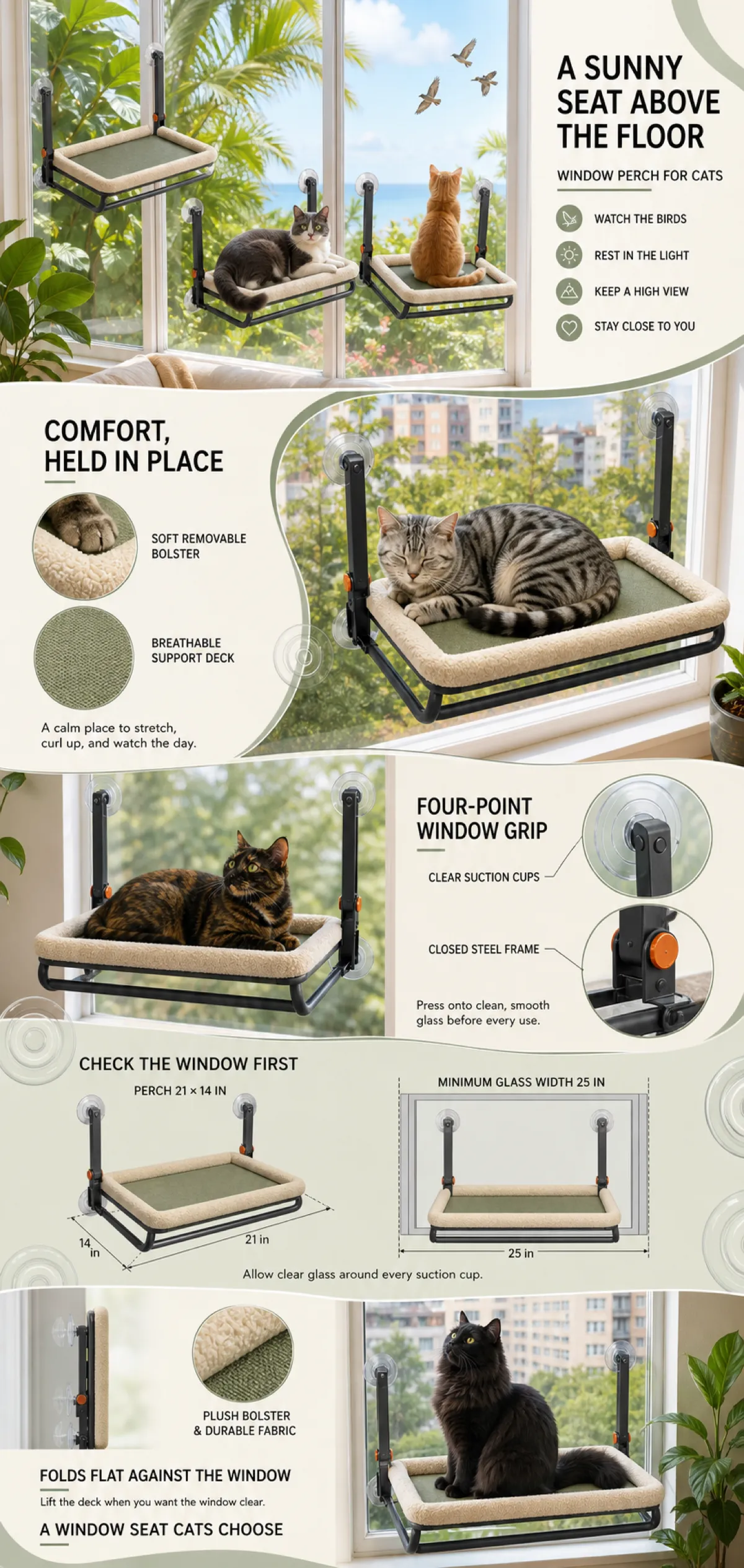 Cat Window Perch with Suction Cups and Soft Bolster｜AI Image Generation Prompts