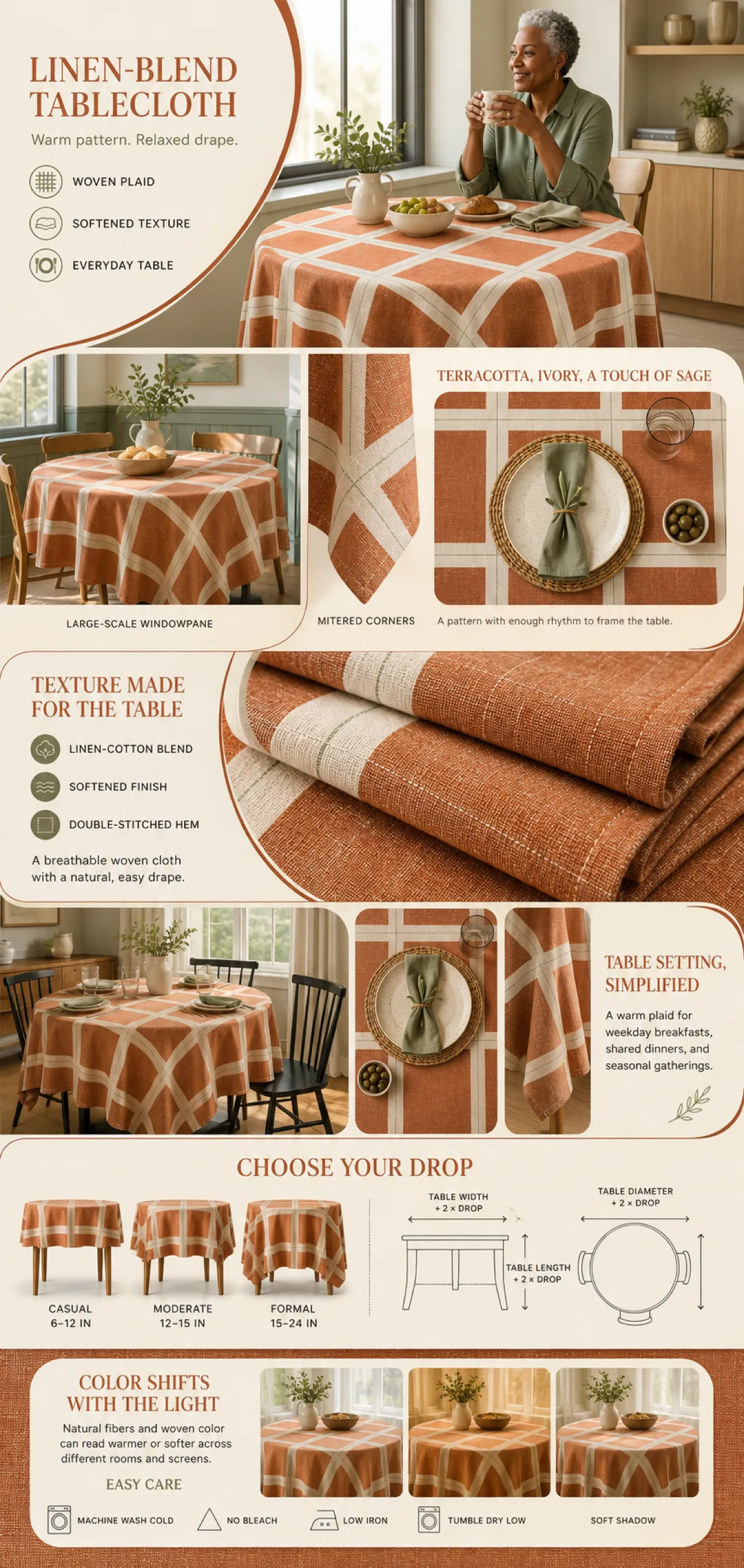 Terracotta Linen-Blend Plaid Tablecloth for Dining｜AI Image Generation Prompts