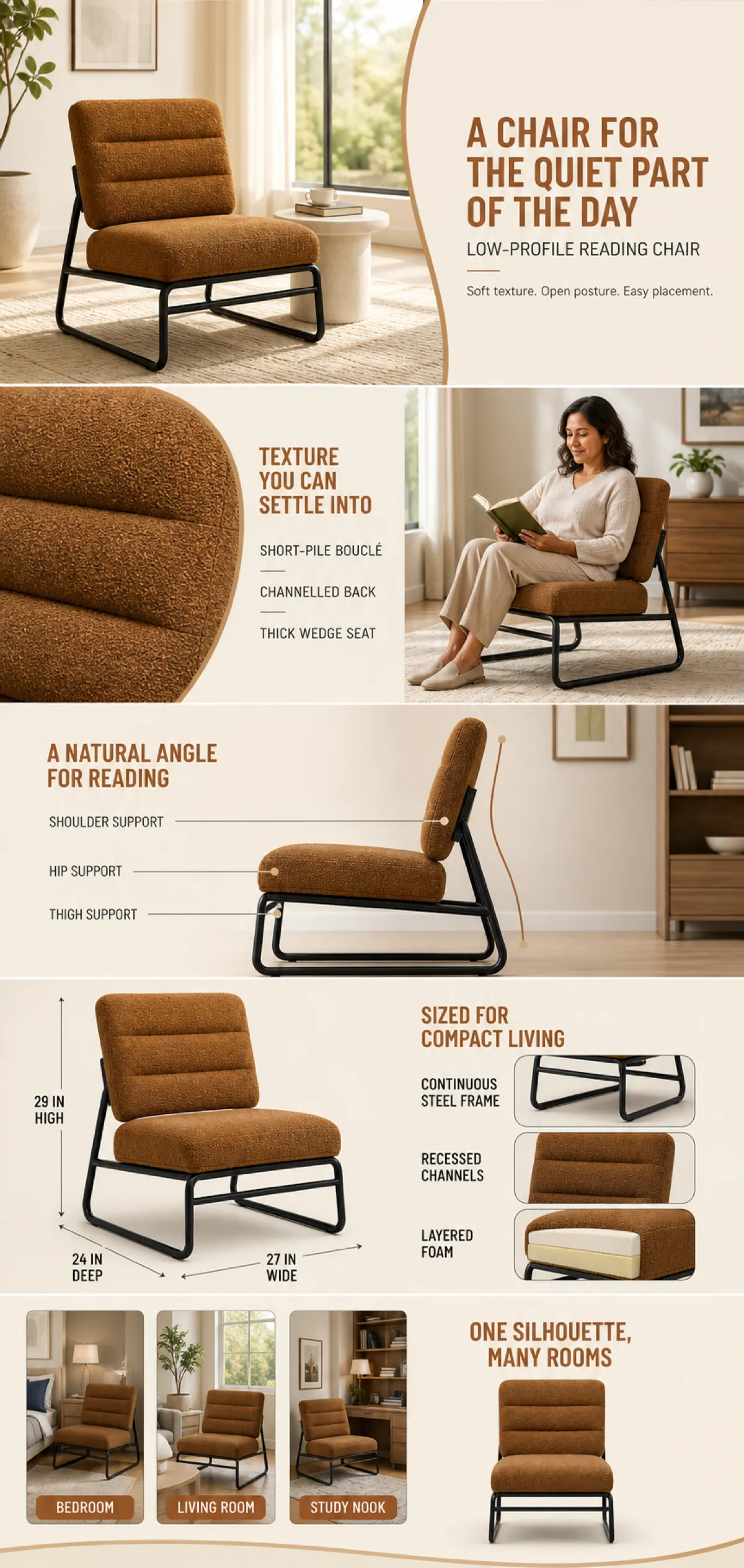 Low-Profile Brown Bouclé Reading Chair｜AI Image Generation Prompts