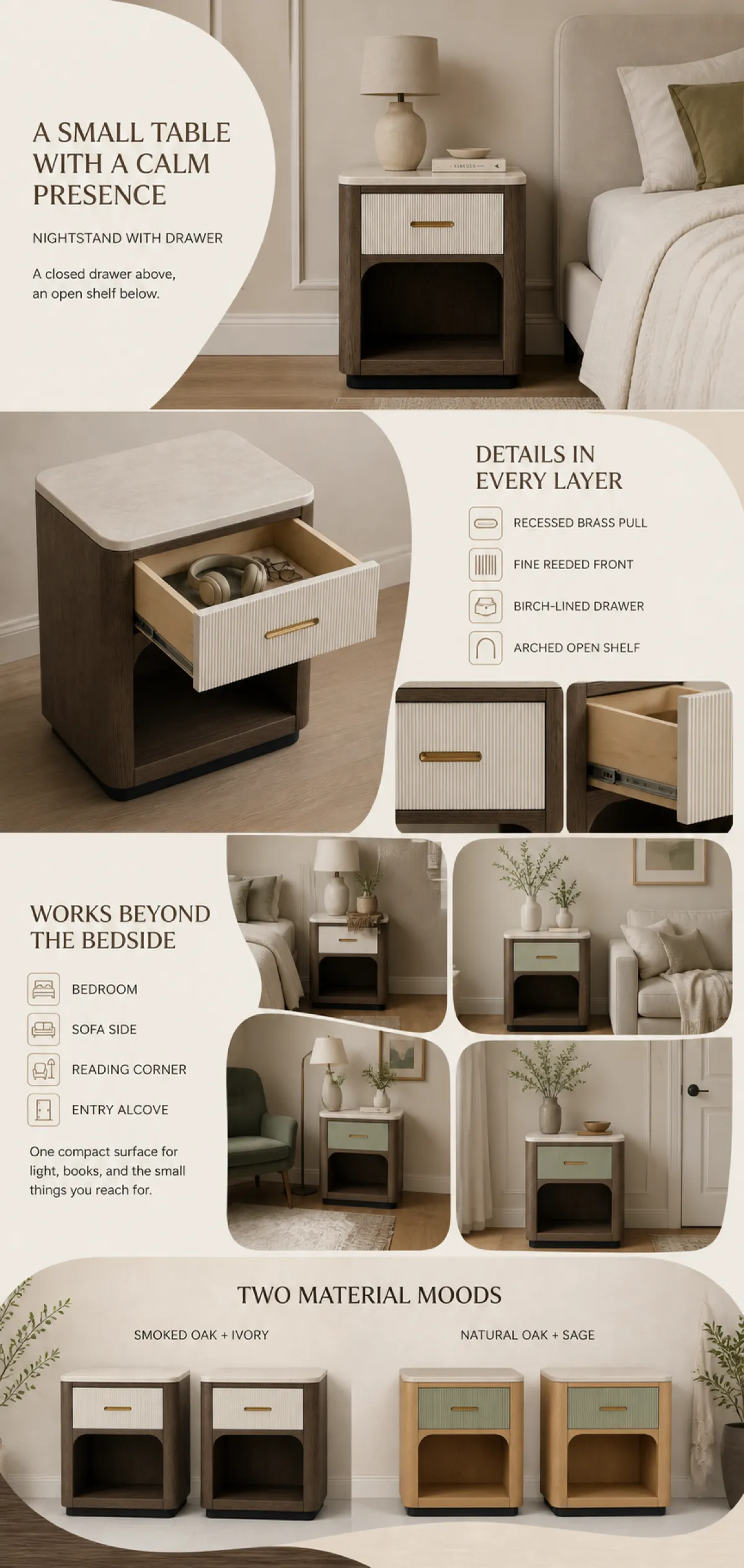Small Nightstand with Drawer and Arched Shelf｜AI Image Generation Prompts