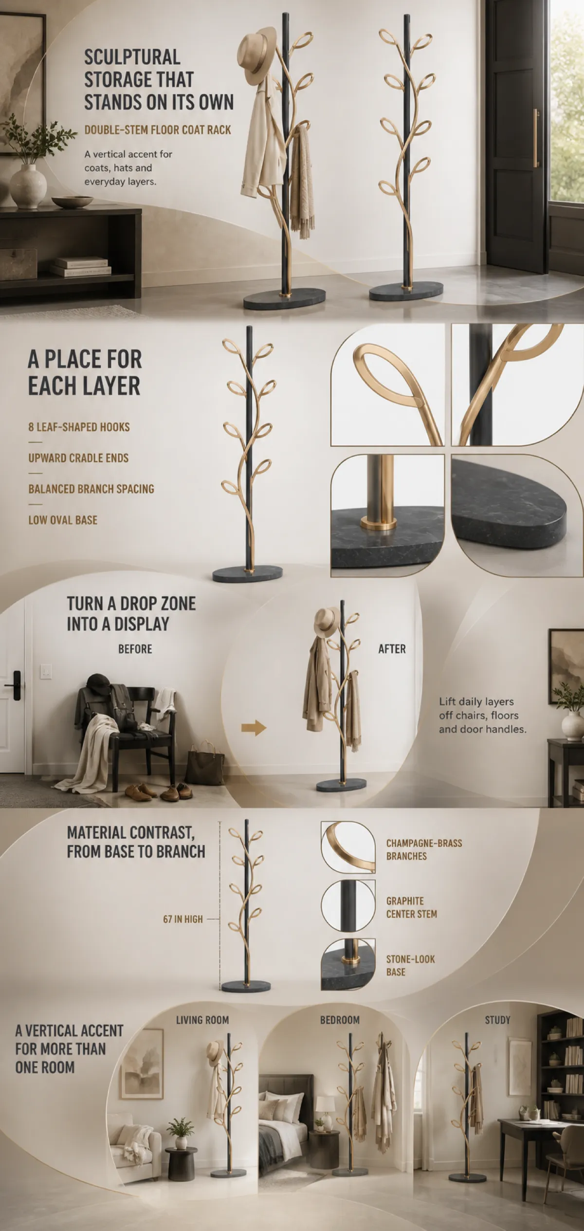 Sculptural Double-Stem Floor Coat Rack Design｜AI Image Generation Prompts