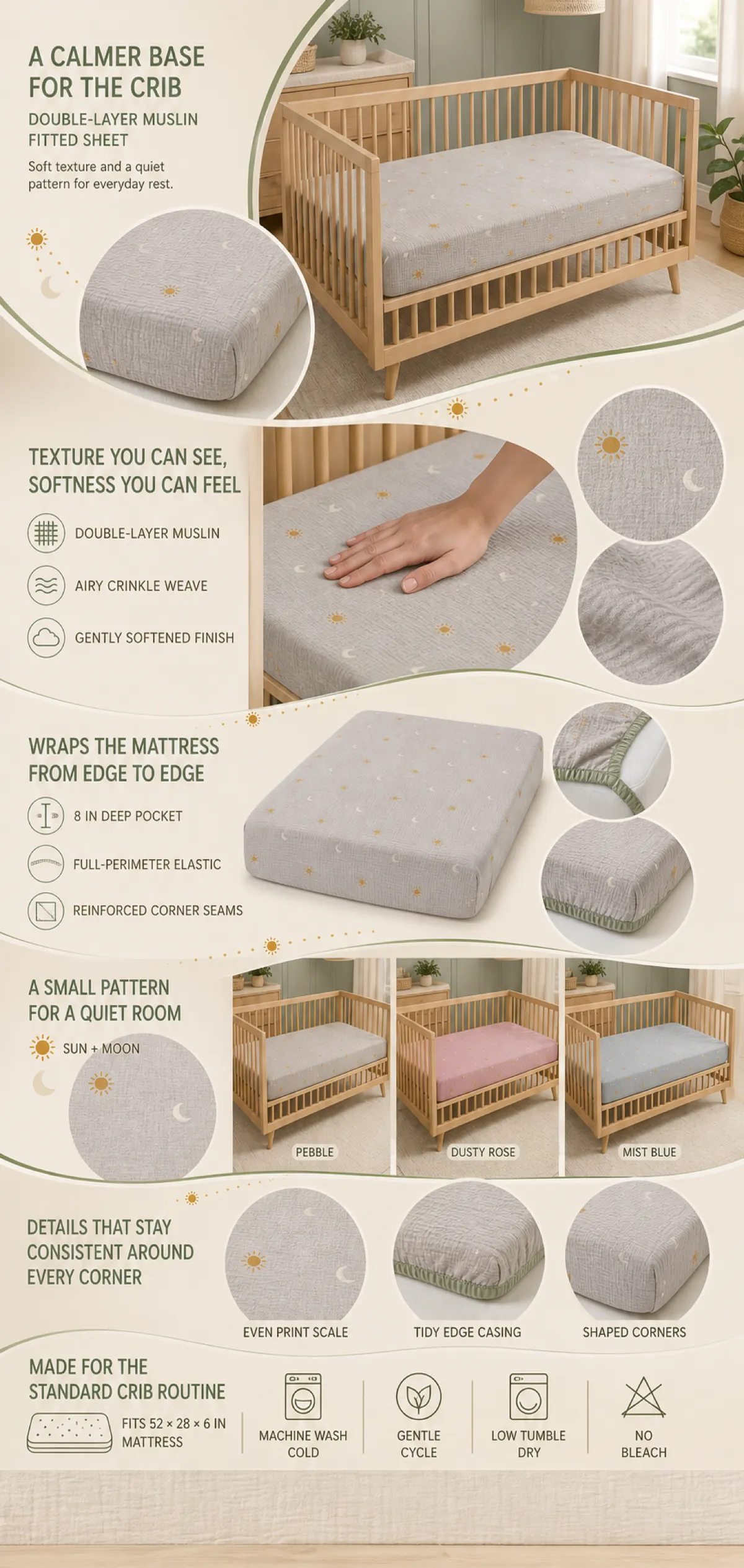 Double-Layer Muslin Crib Fitted Sheet Features｜AI Image Generation Prompts