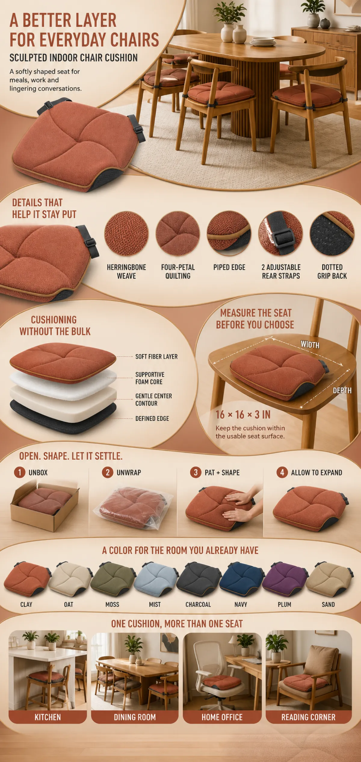 Sculpted Indoor Chair Cushion Features and Colors｜AI Image Generation Prompts