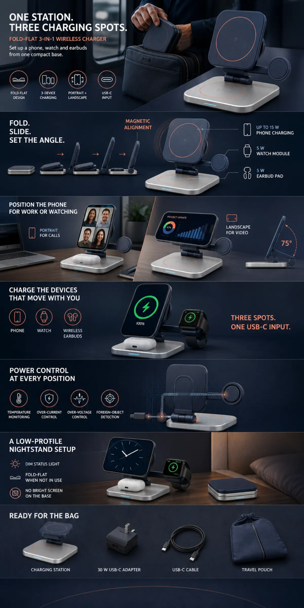 3-in-1 Foldable Wireless Charger for Phone, Watch, Earbuds｜AI Image Generation Prompts