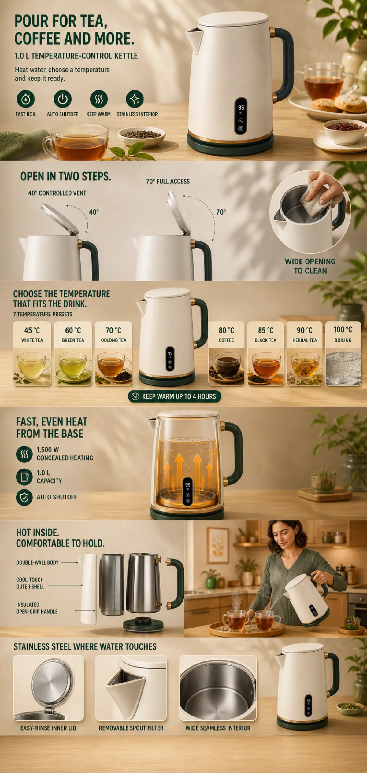 1.0L Temperature Control Electric Kettle Features｜AI Image Generation Prompts