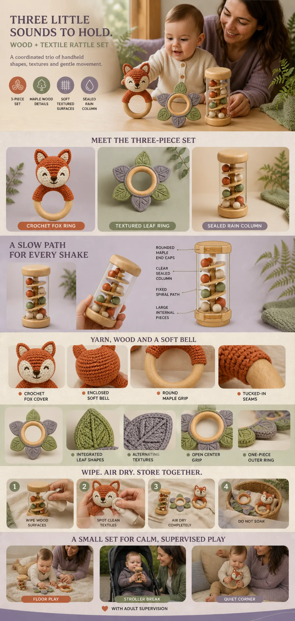 Three Little Sounds Wood and Textile Baby Rattle Set｜AI Image Generation Prompts
