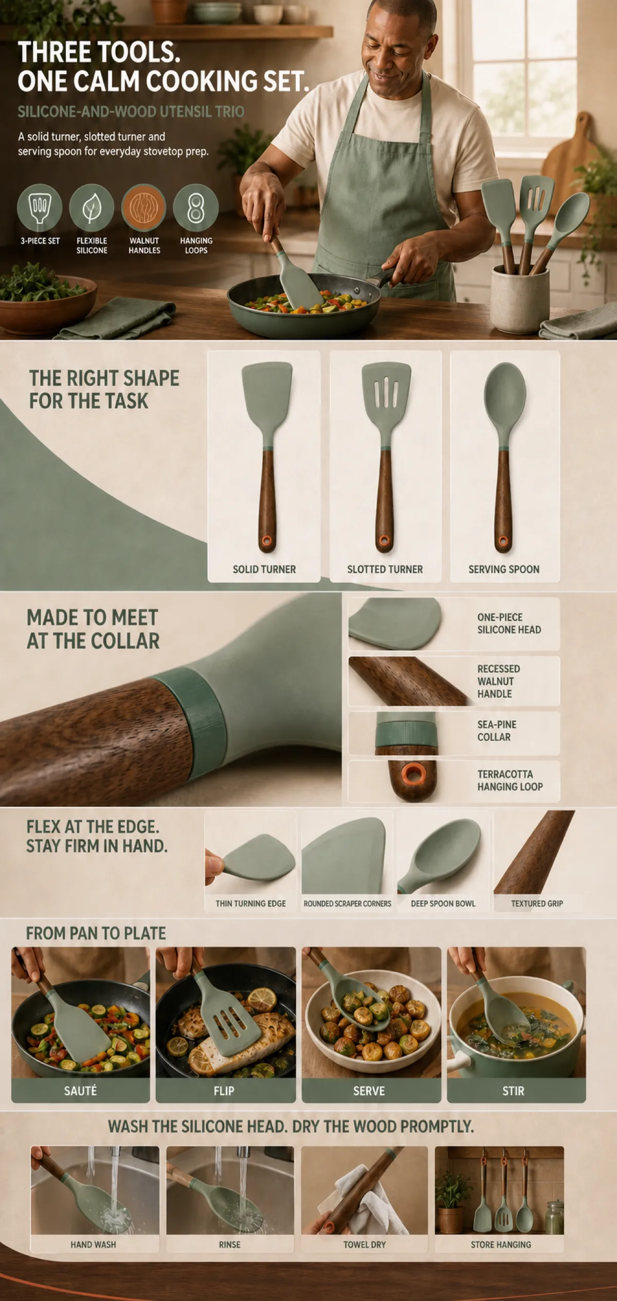 Silicone and Wood 3-Piece Cooking Utensil Set｜AI Image Generation Prompts