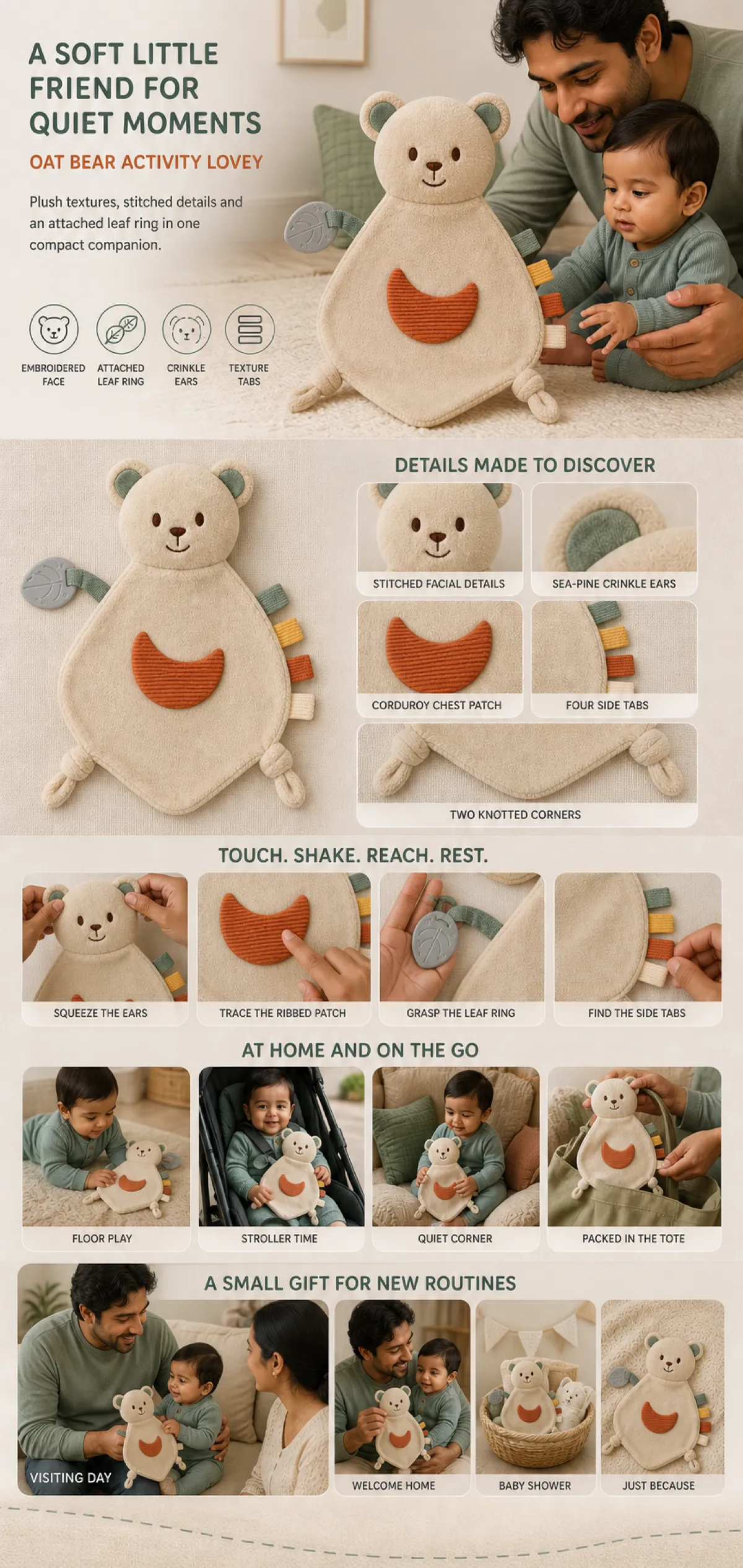 Oat Bear Activity Lovey Soft Baby Comfort Toy｜AI Image Generation Prompts