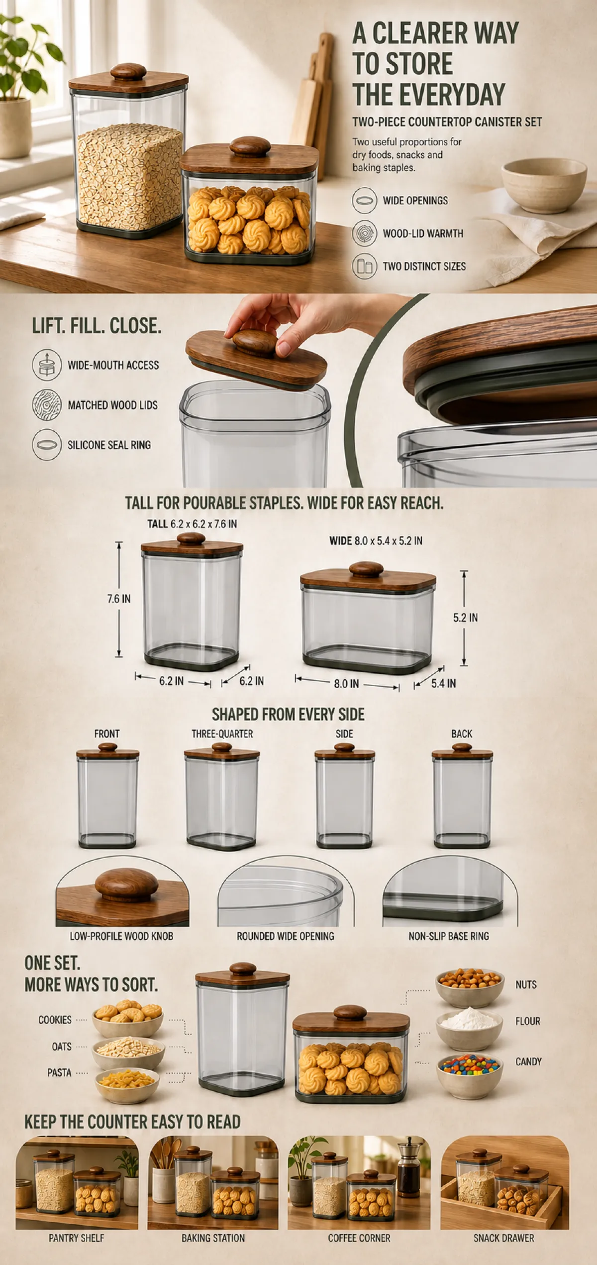 Glass Canister Set with Wood Lids for Kitchen Storage｜AI Image Generation Prompts