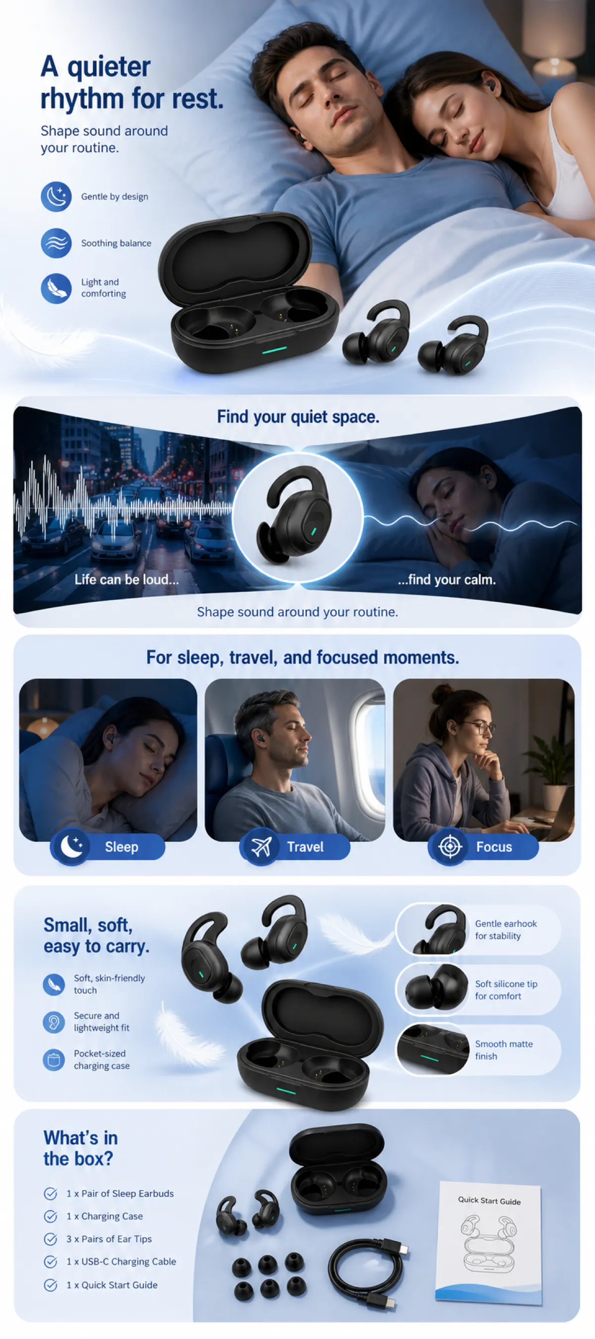 Comfortable Sleep Earbuds for Quiet Rest and Travel｜AI Image Generation Prompts