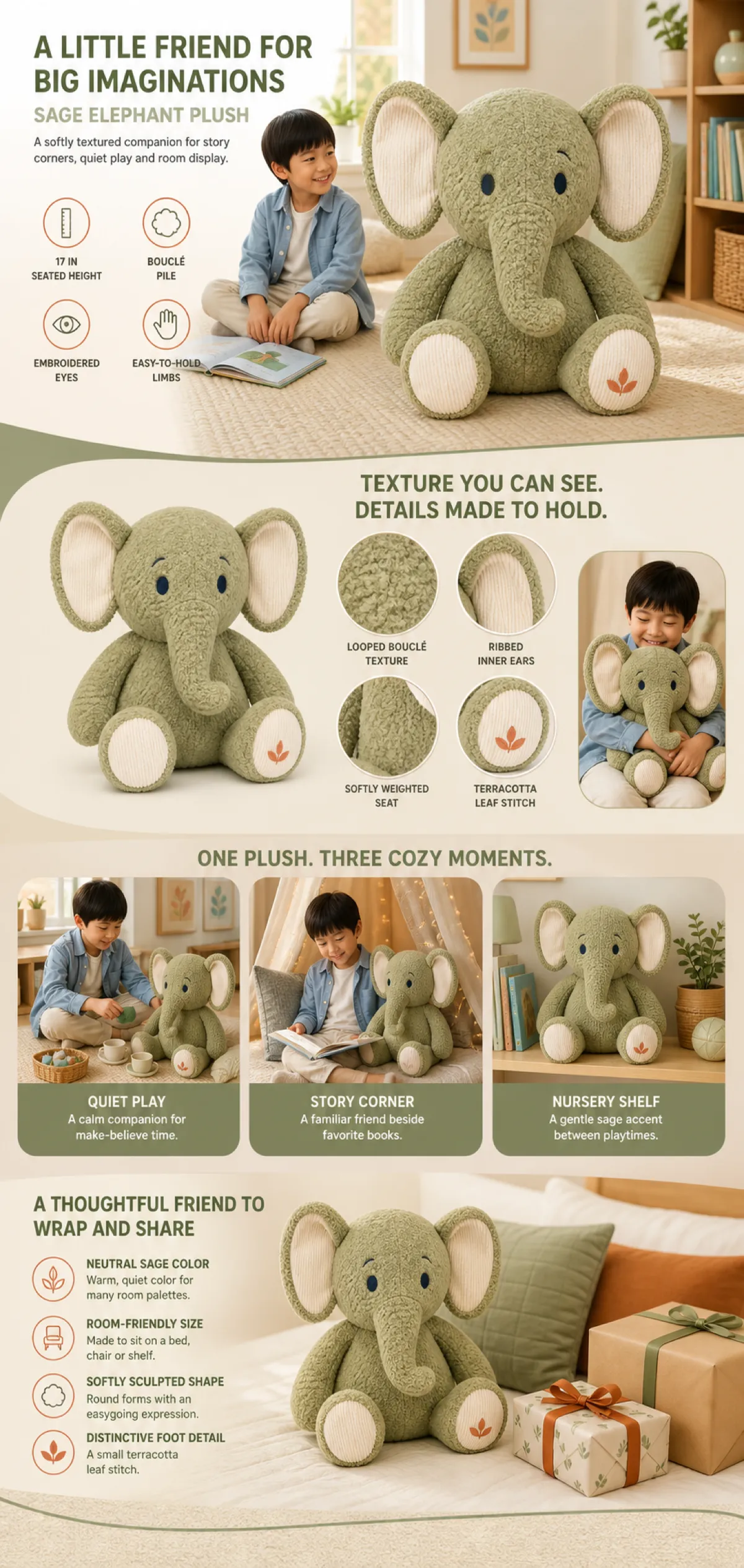 Sage Elephant Plush Toy Features and Usage Guide｜AI Image Generation Prompts