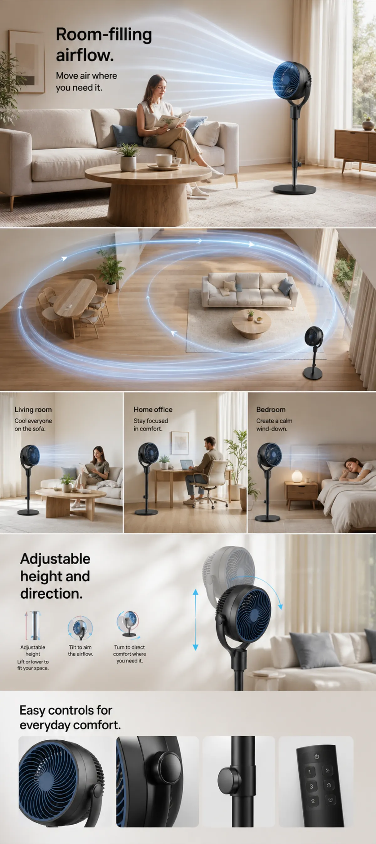 Adjustable Pedestal Fan with Room-Filling Airflow｜AI Image Generation Prompts