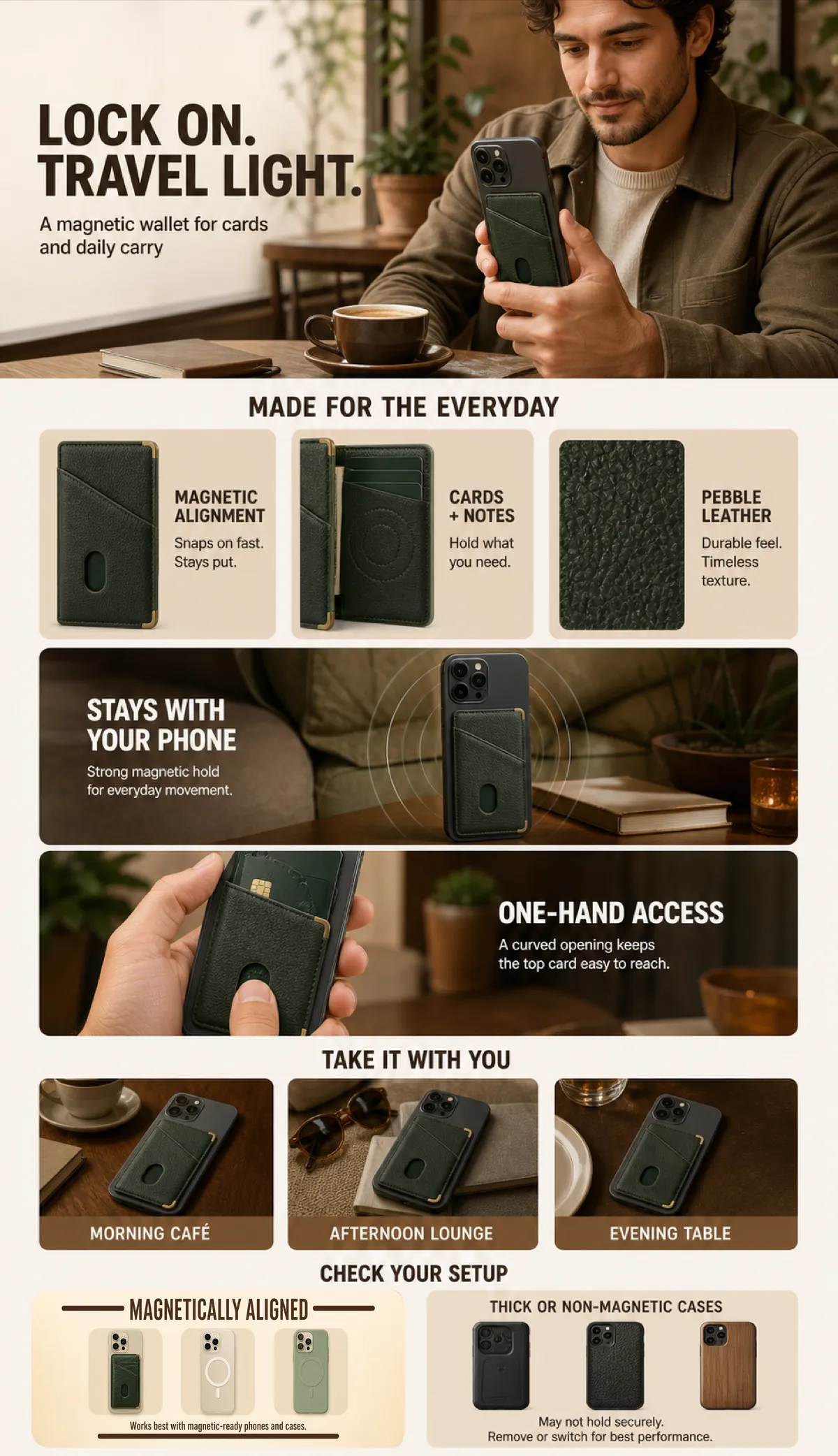Magnetic Pebble Leather Phone Wallet for Daily Carry｜AI Image Generation Prompts