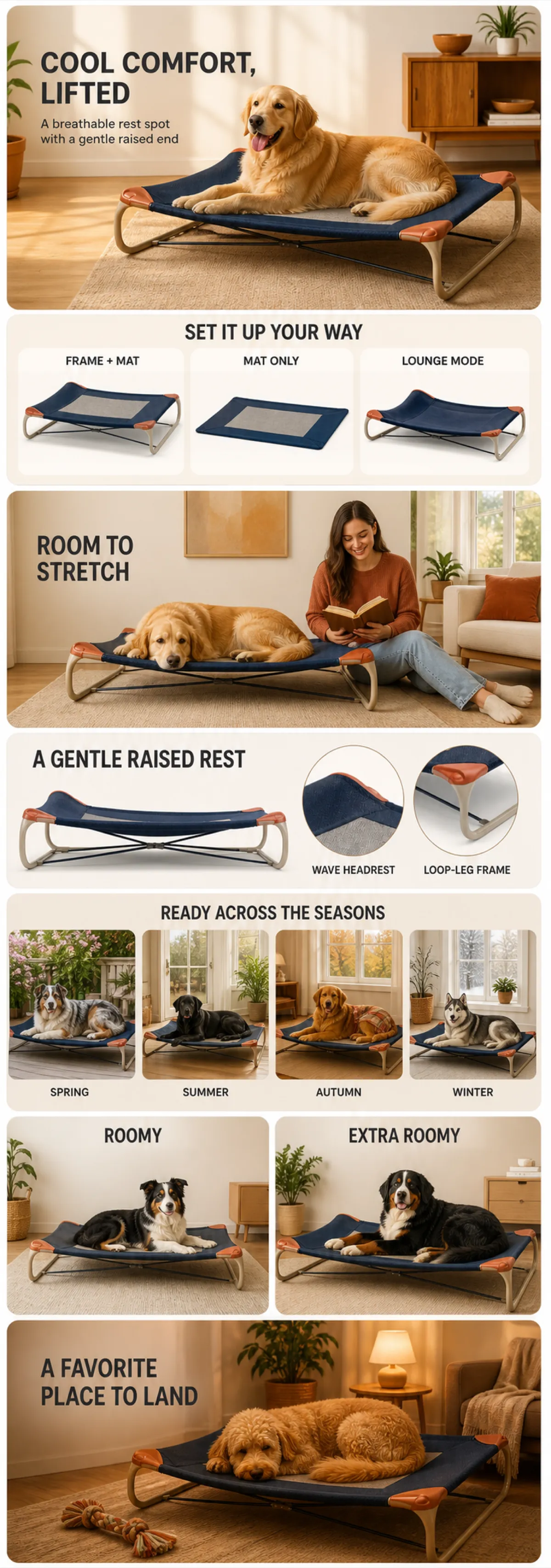 Breathable Raised Dog Bed with Wave Headrest｜AI Image Generation Prompts