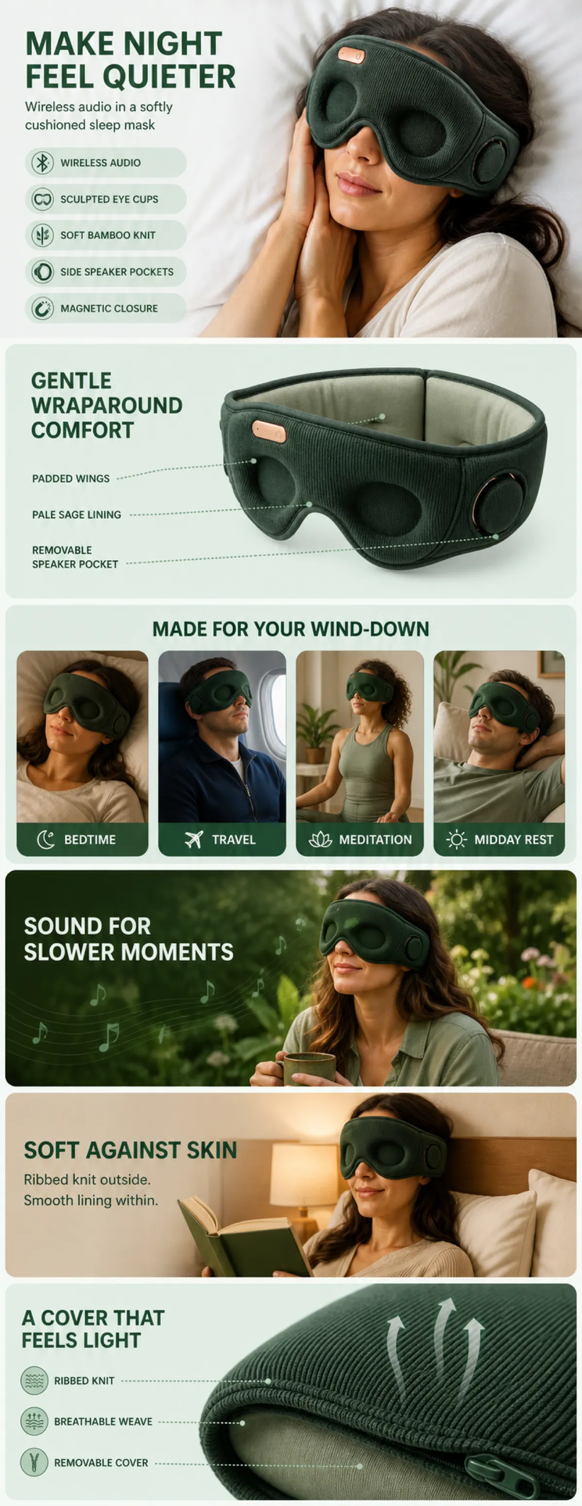 Green Wireless Audio Sleep Mask with Bamboo Knit｜AI Image Generation Prompts