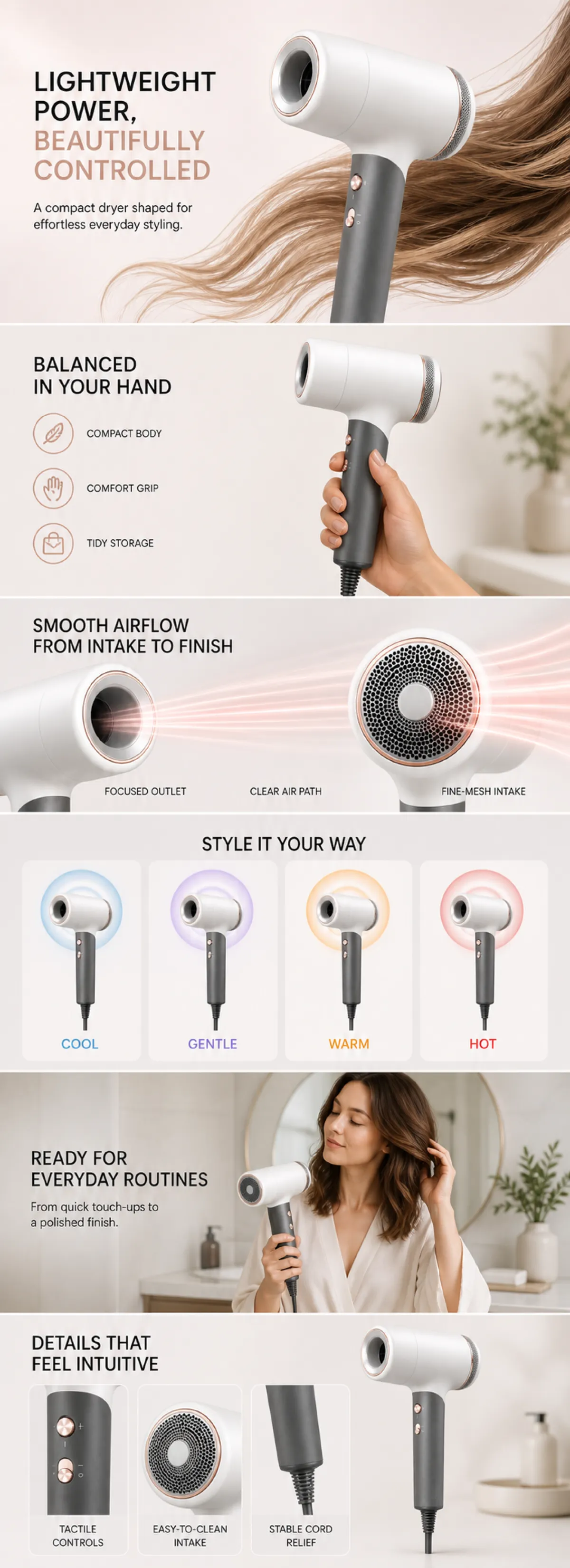 Compact Lightweight Hair Dryer for Everyday Styling｜AI Image Generation Prompts
