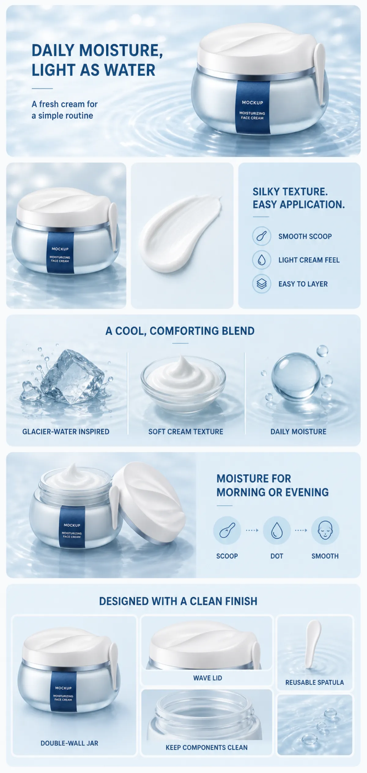 Moisturizing Face Cream Jar Mockup with Water Theme｜AI Image Generation Prompts