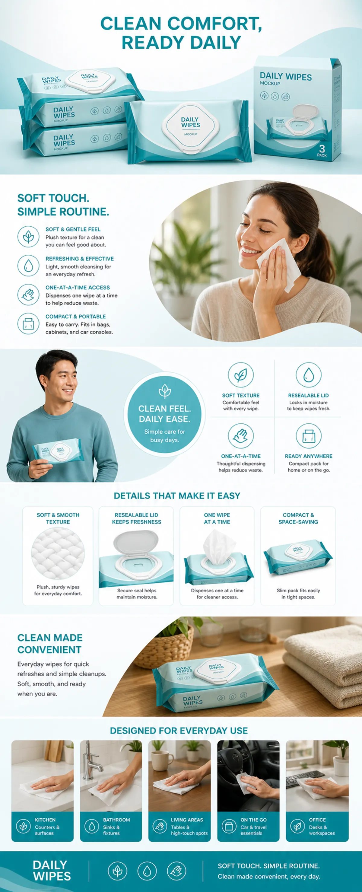 Daily Wipes Packaging Mockup and Features Infographic｜AI Image Generation Prompts