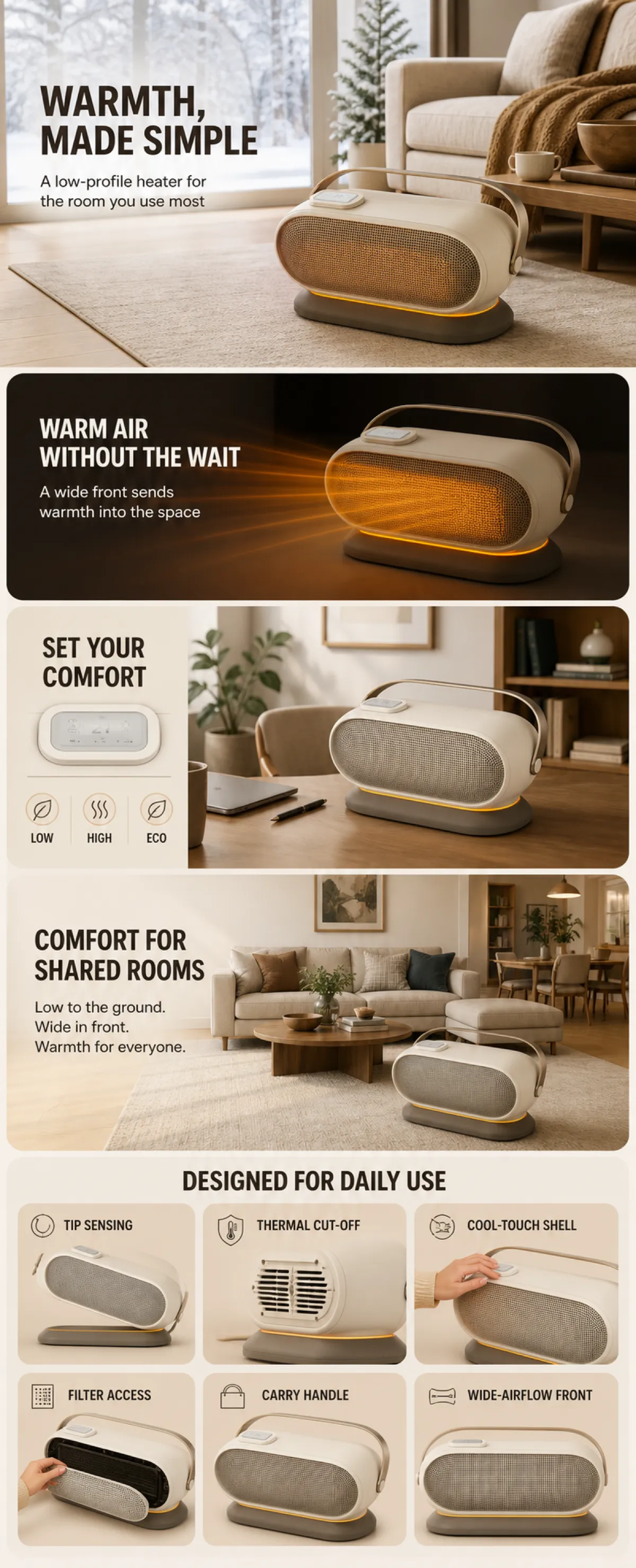 Low-Profile Portable Space Heater Features｜AI Image Generation Prompts
