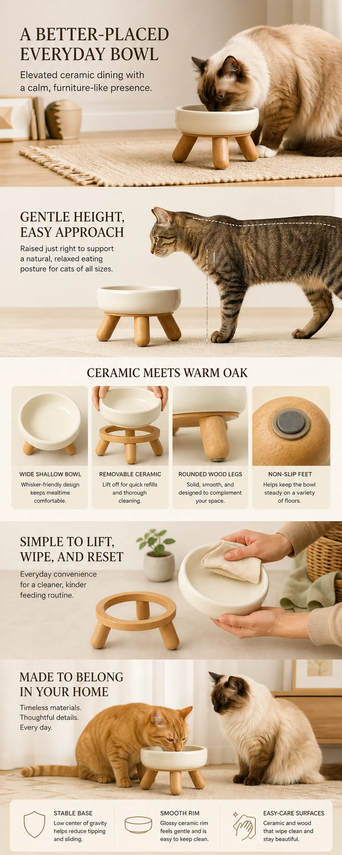Elevated Ceramic Cat Bowl with Wooden Stand｜AI Image Generation Prompts