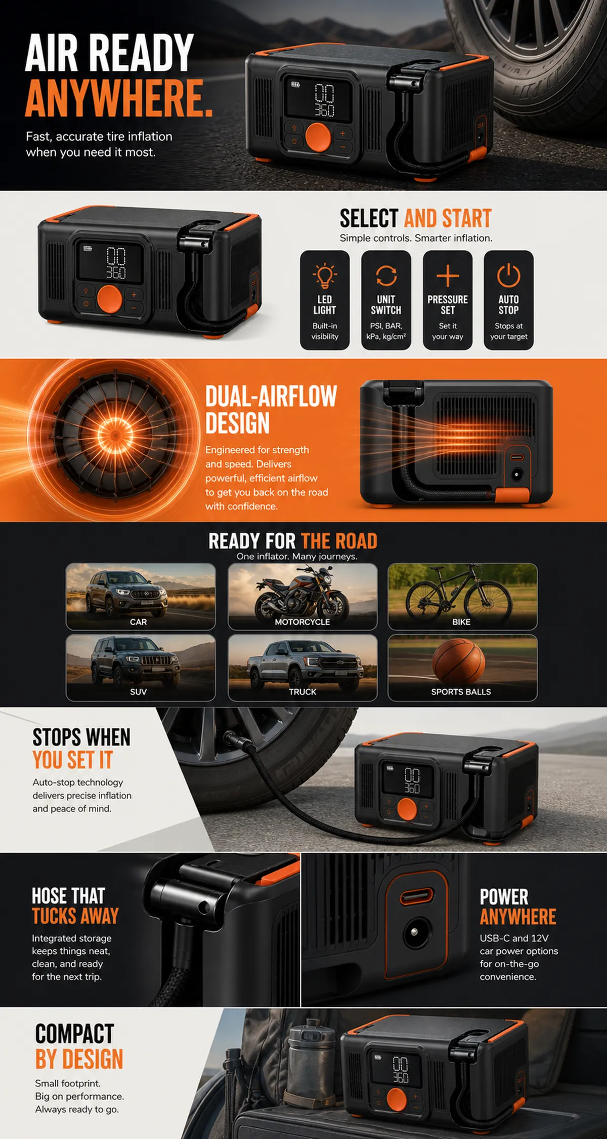 Portable Tire Inflator with Dual-Airflow Design｜AI Image Generation Prompts