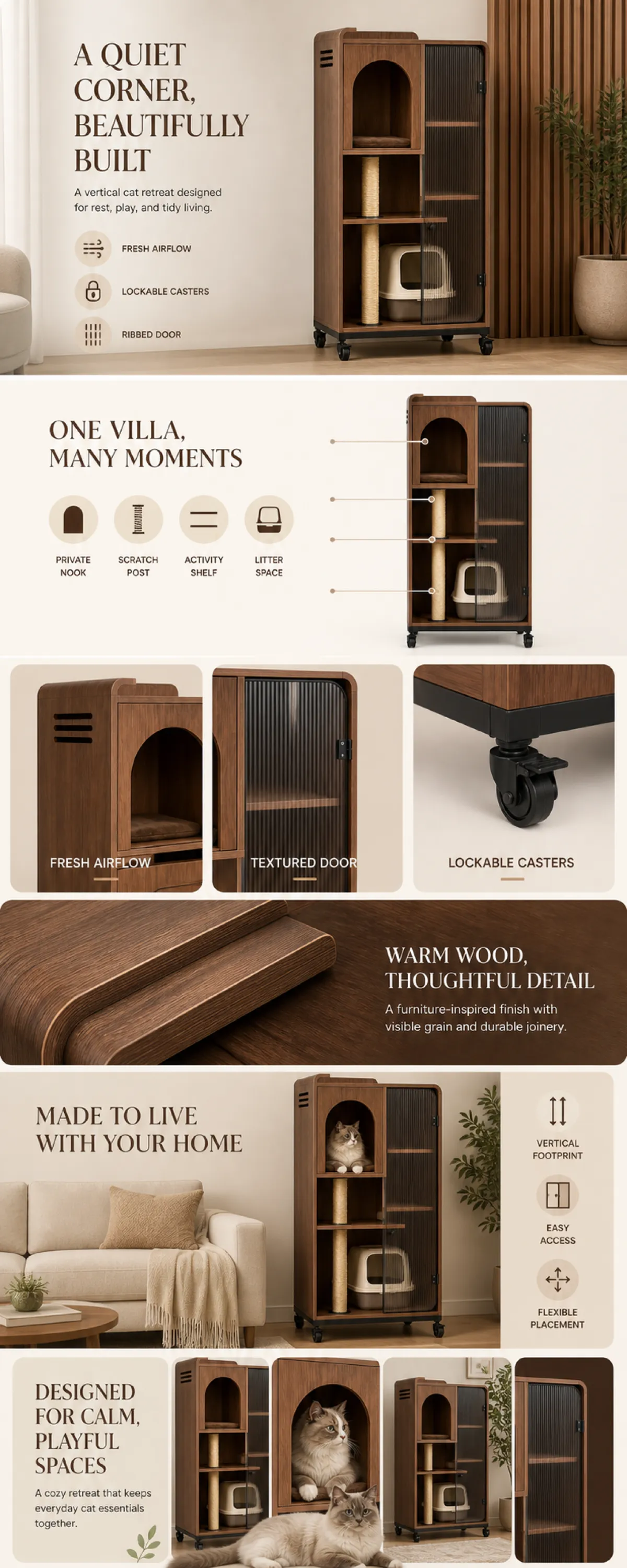 Vertical Wooden Cat Villa with Litter Box｜AI Image Generation Prompts