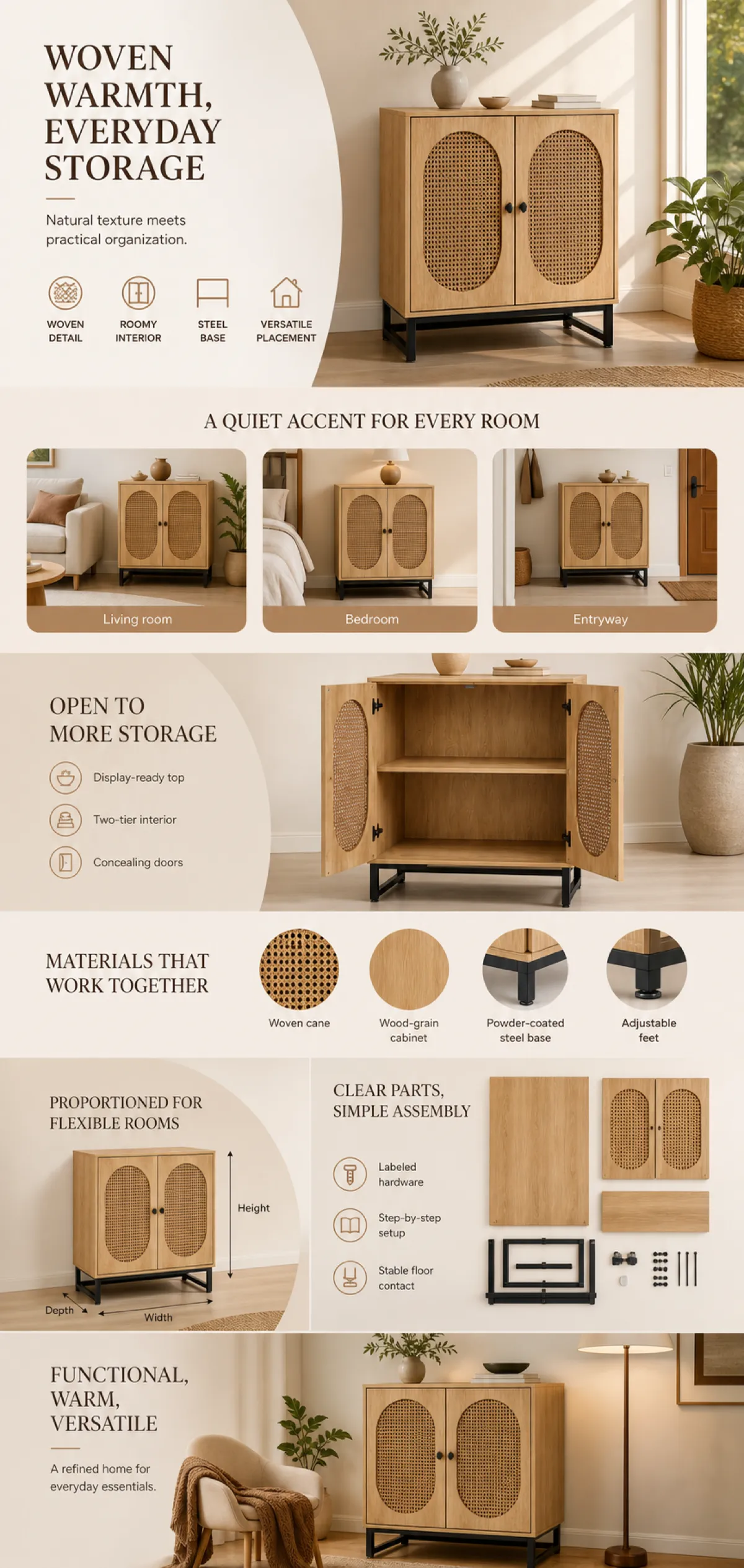 Woven Cane Wood Storage Cabinet with Steel Base｜AI Image Generation Prompts