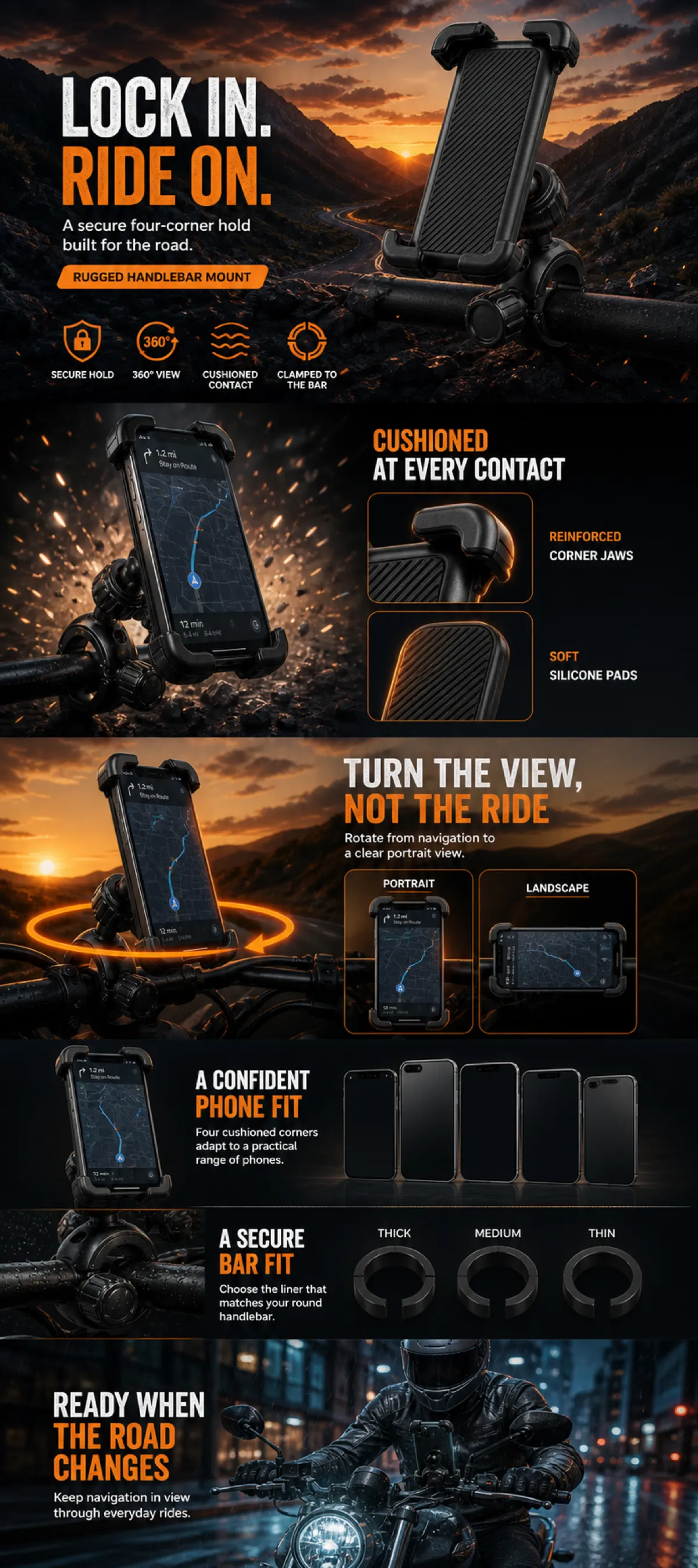 Rugged Motorcycle Handlebar Phone Mount Features｜AI Image Generation Prompts